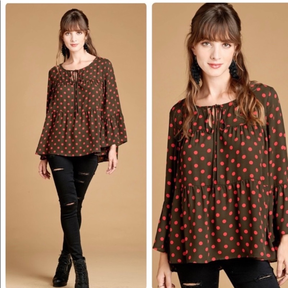 Brown & Red Polka Dot Babydoll Top Various Sizes - Picture 2 of 3